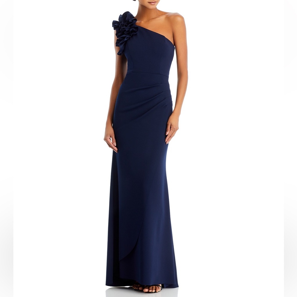 AQUA One Shoulder Ruffle Crepe Gown - Exclusive